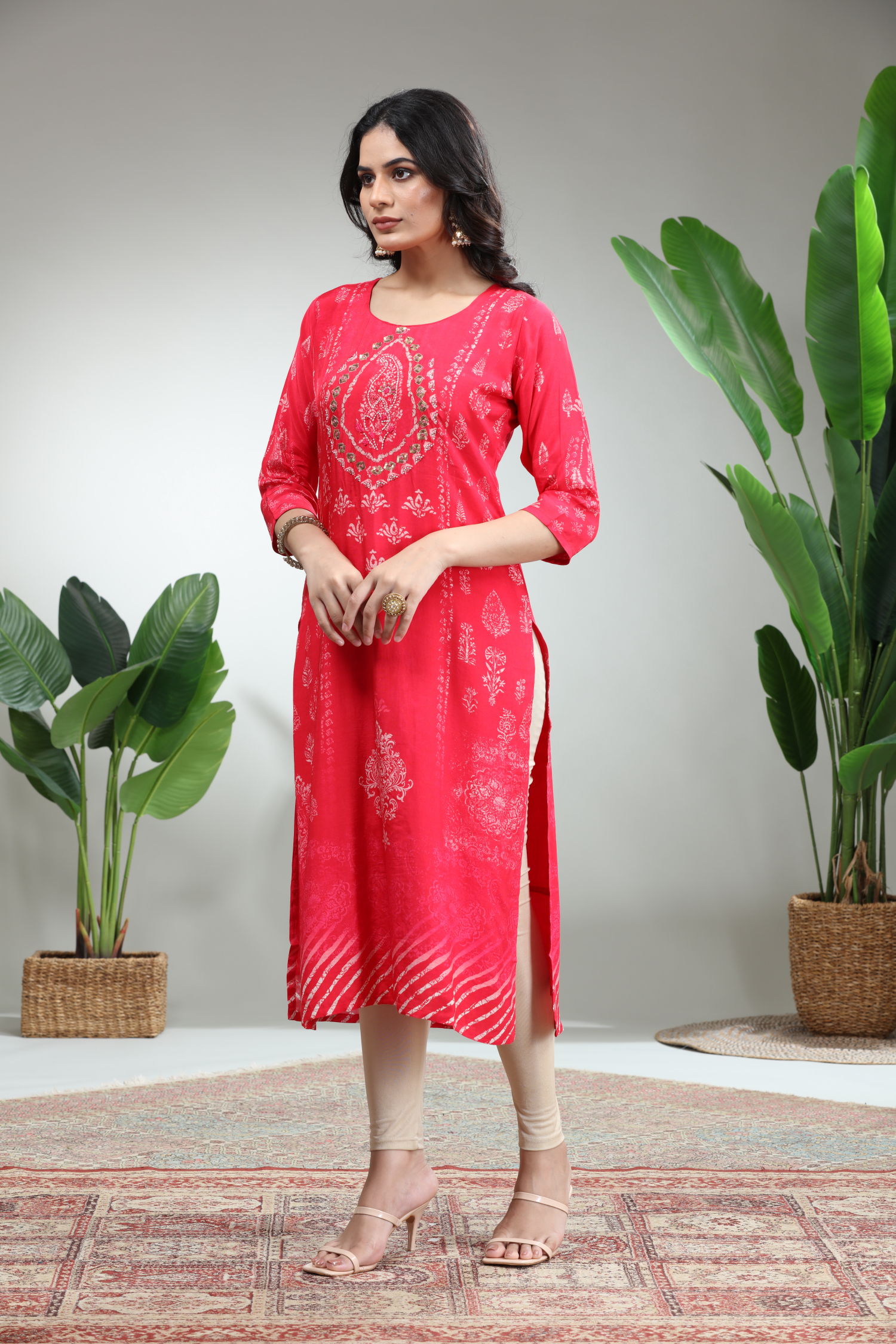 Red Printed Straight Kurti